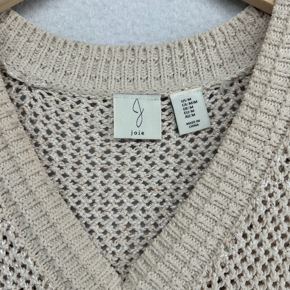 JOIE Sweater M Chenille Metallic Sequin Mesh Stitch Vest Pullover Beige Silver - Picture 5 of 10